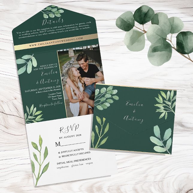 Emerald Green Botanical Wedding All In One Invitation (Creator Uploaded)