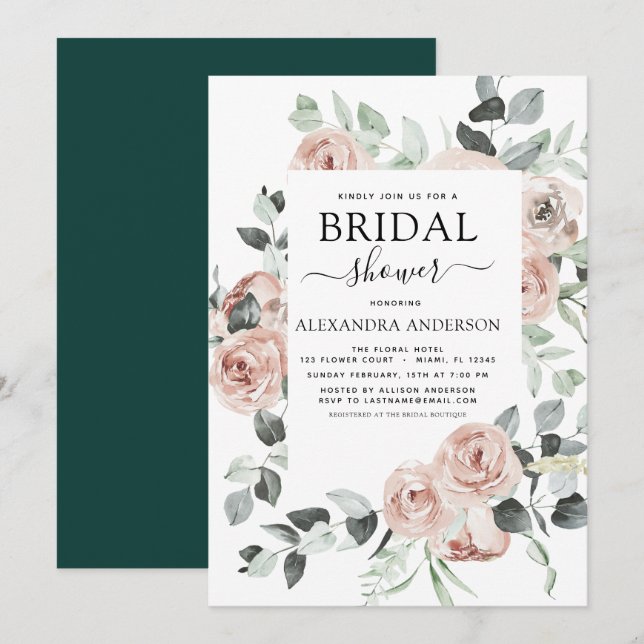 Emerald Green Bridal Shower Floral Greenery Invitation (Front/Back)