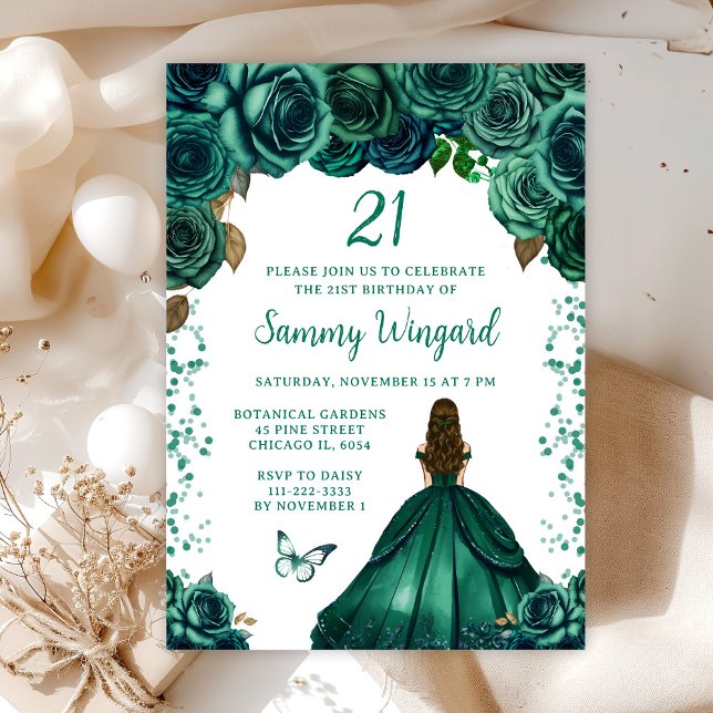 Emerald Green Brown Hair Princess Birthday Party Invitation (Creator Uploaded)