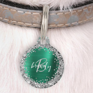 Emerald Green Brushed Metal Glitter Monogram  Pet Tag