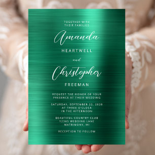 Emerald Green Brushed Metal Script Wedding Invitation