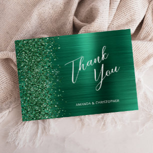 Emerald Green Brushed Metal Wedding Flat Thank You Card