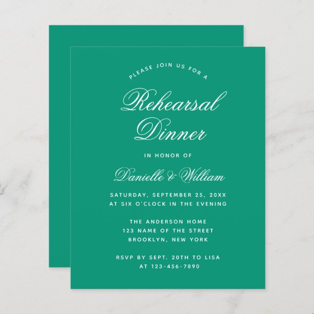 Emerald Green Budget Rehearsal Dinner Invitation (Front/Back)