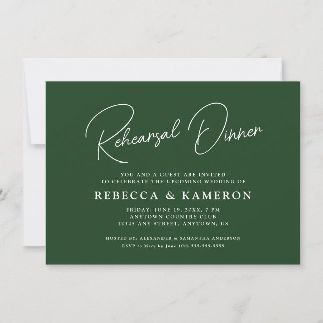 Emerald Green Budget Script Rehearsal Dinner Invitation (Front)