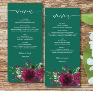 Emerald Green Burgundy Floral Wedding Menu