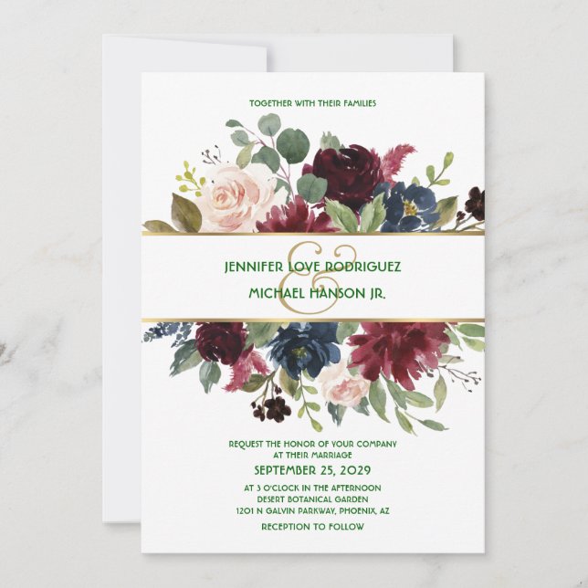 Emerald Green Burgundy Navy Gold Floral Wedding Invitation (Front)