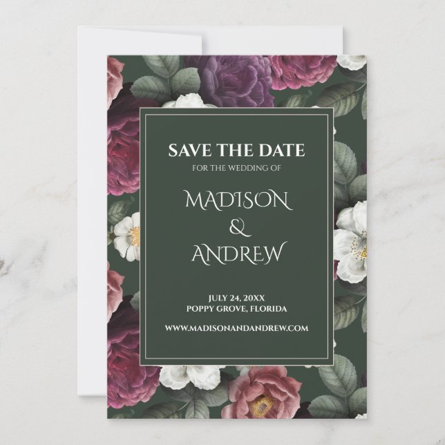 Emerald Green Burgundy Peonies Save the Date Card (Front)