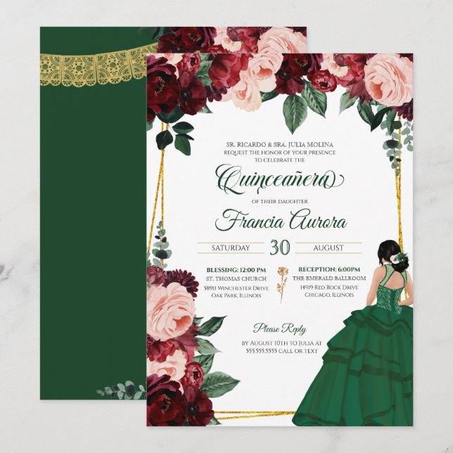 Emerald Green & Burgundy Pink Floral Quinceanera Invitation (Front/Back)