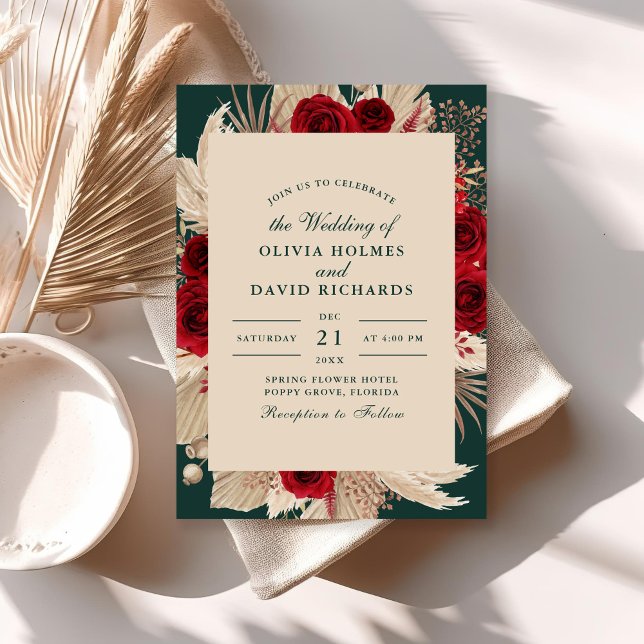 Emerald Green Burgundy Roses Wedding Invitation (Emerald Green Burgundy Roses Wedding Invitation on a sunny boho table.)