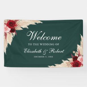 Emerald Green Burgundy Roses Welcome Wedding Banner