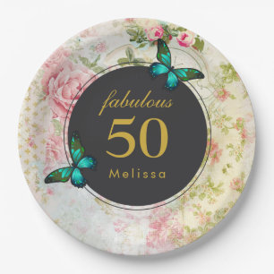 Emerald Green Butterflies on Shabby Pattern Paper Plate