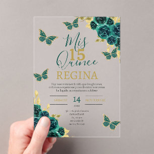Emerald Green Butterflies Quinceañera Acrylic Invitations