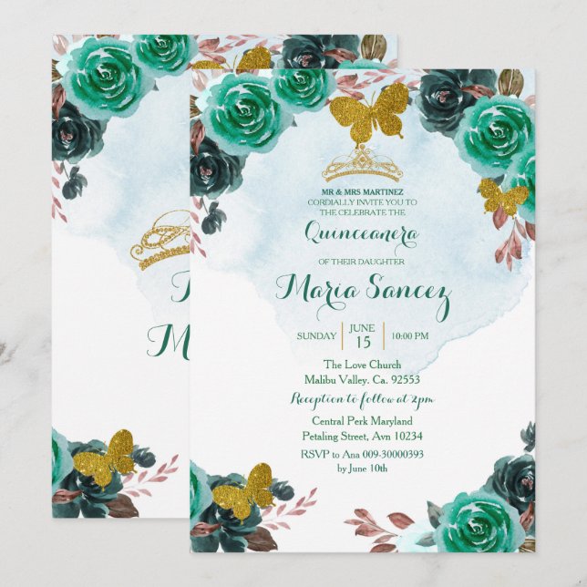 Emerald Green Butterfly Charra Mis Quince Invitation (Front/Back)