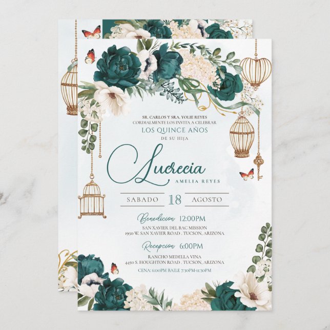 Emerald Green Butterfly Floral Elegant Quinceañera Invitation (Front/Back)