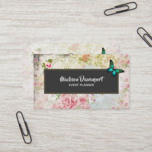 Emerald Green Butterfly on Chic Vintage Collage Business Card
