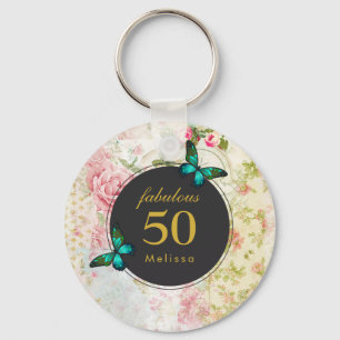 Emerald Green Butterfly on Chic Vintage Collage Key Ring