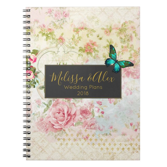 Emerald Green Butterfly on Chic Vintage Collage Notebook (Front)