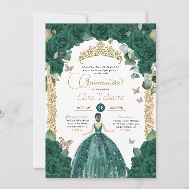 Emerald Green Butterfly Princess Quinceanera Invitation (Front)