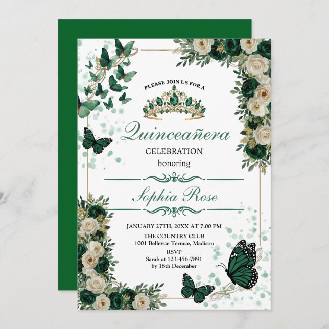 ​Emerald Green Butterfly Quinceañera Invitation (Front/Back)