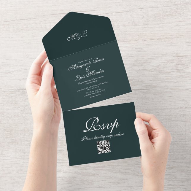 Emerald Green Caligraphy Script Green Wedding All In One Invitation (Tearaway)