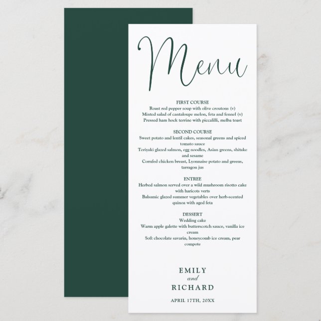 Emerald Green Calligraphy Script Wedding Menu (Front/Back)