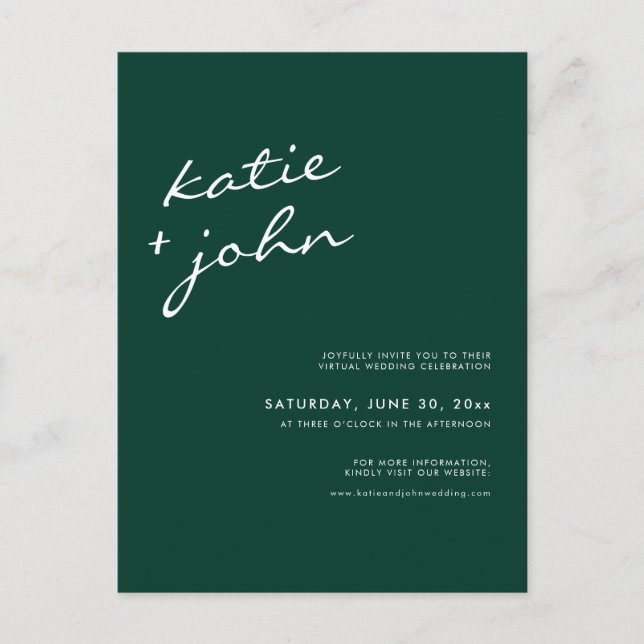  Emerald Green Calligraphy Virtual Wedding Invitation Postcard (Front)