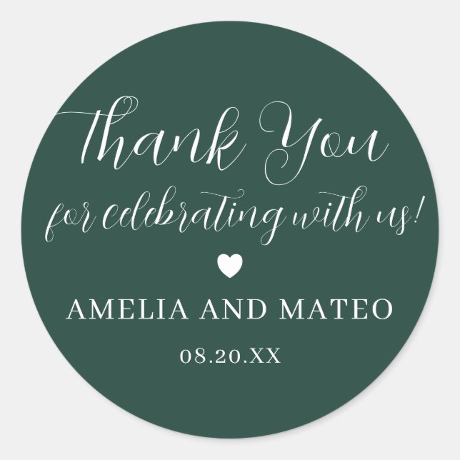 Emerald Green Calligraphy Wedding Thank You Favour Classic Round Sticker (Front)
