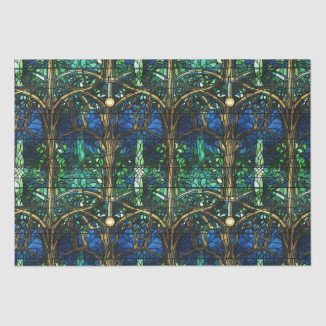 Emerald Green Celestial Tree Stained Glass Pattern Tissue Paper (Front)