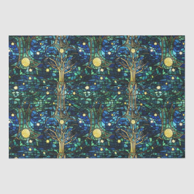 Emerald Green Celestial Tree Stained Glass Pattern Tissue Paper (Front)