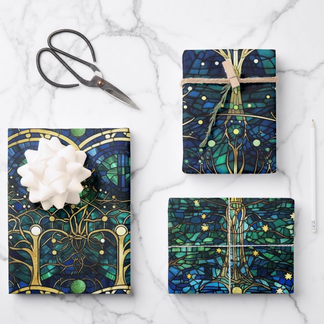 Emerald Green Celestial Tree Stained Glass Pattern Wrapping Paper Sheet (Front)