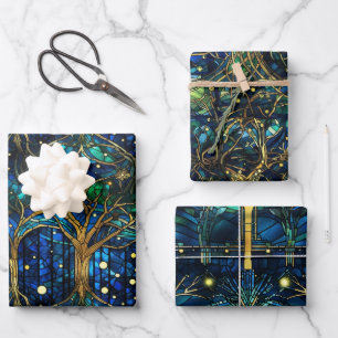 Emerald Green Celestial Tree Stained Glass Pattern Wrapping Paper Sheet