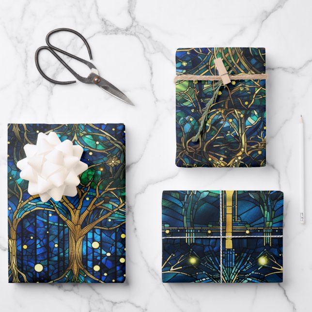 Emerald Green Celestial Tree Stained Glass Pattern Wrapping Paper Sheet (Front)