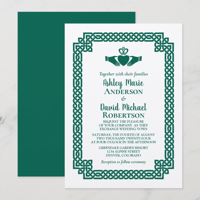 Emerald Green Celtic Knot Claddagh Wedding Invitation (Front/Back)