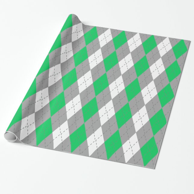 Emerald Green Charcoal Dk Grey Wht XL Argyle Wrapping Paper (Unrolled)