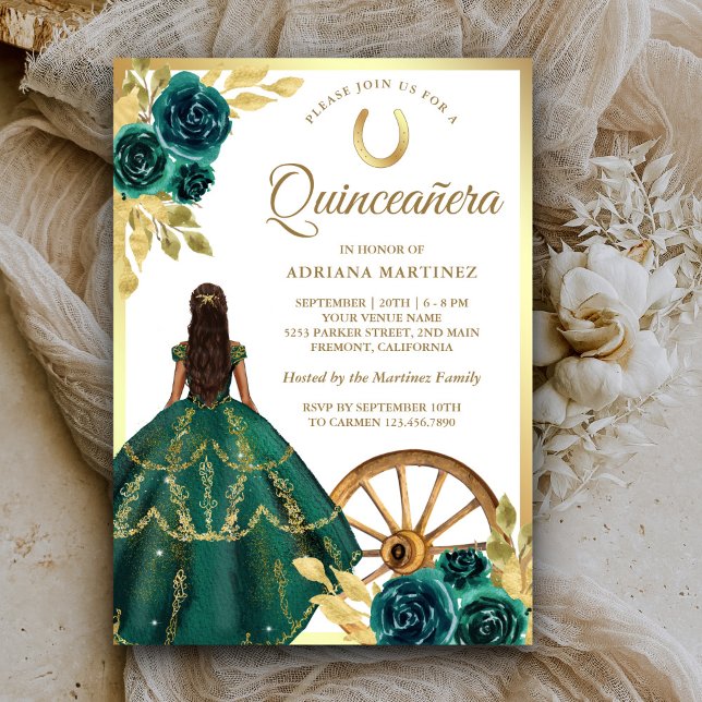 Emerald Green Charro Floral Dress Gold Quinceanera Invitation (Creator Uploaded)