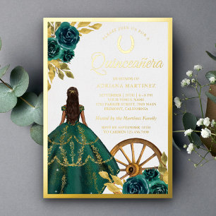 Emerald Green Charro Floral Dress Quinceanera Gold