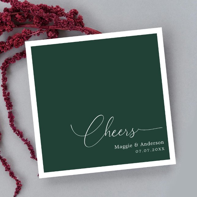 Emerald Green Cheers Script Wedding Napkin (Monogrammed Minimalism: Cheers to the Happy Couple Napkins)