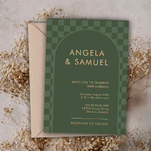 Emerald Green Chequered Modern Wedding Invitation