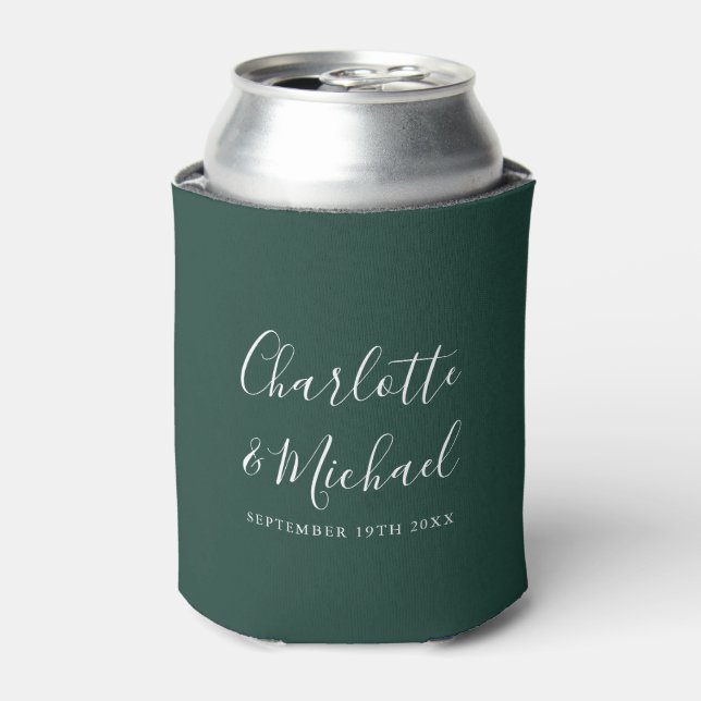 Emerald Green Chic Script Wedding Can Cooler (Can Front)