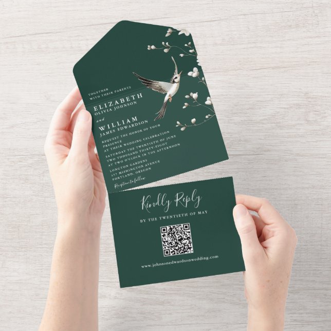 Emerald Green Chinoiserie Floral QR Code Wedding All In One Invitation (Tearaway)