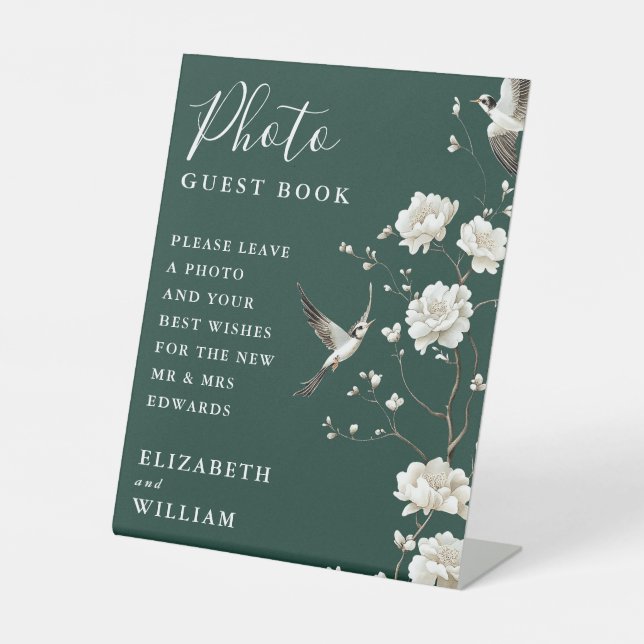 Emerald Green Chinoiserie Photo Guest Book Wedding Pedestal Sign (Front)