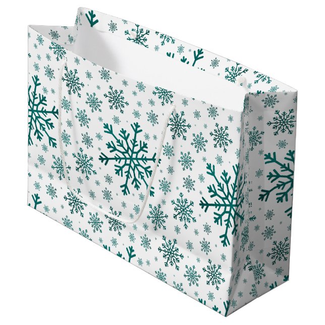 Emerald Green Christmas Snowflakes on Winter White Large Gift Bag (Front Angled)