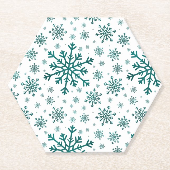 Emerald Green Christmas Snowflakes on Winter White Paper Coaster (Front)