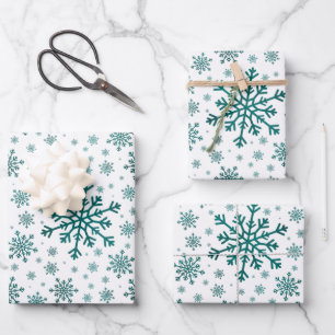 Emerald Green Christmas Snowflakes on Winter White Wrapping Paper Sheet