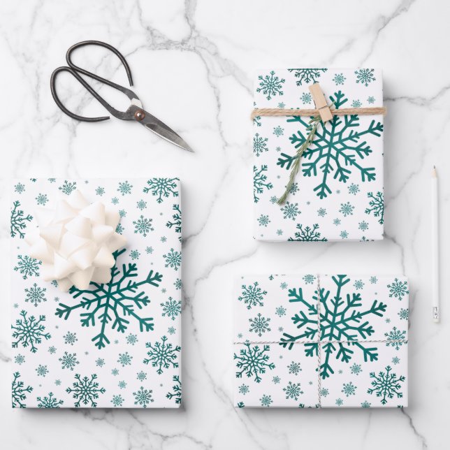 Emerald Green Christmas Snowflakes on Winter White Wrapping Paper Sheet (Front)
