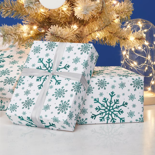 Emerald Green Christmas Snowflakes on Winter Wrapping Paper (Holidays)