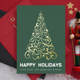 Emerald Green Christmas Swirls Tree Forest Happy Foil Holiday Card