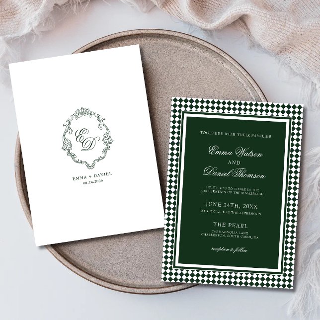 Emerald Green Classic Crest Monogram Wedding Invitation (Emerald green crest monogram wedding invitation adds personalized elegance to your day.)