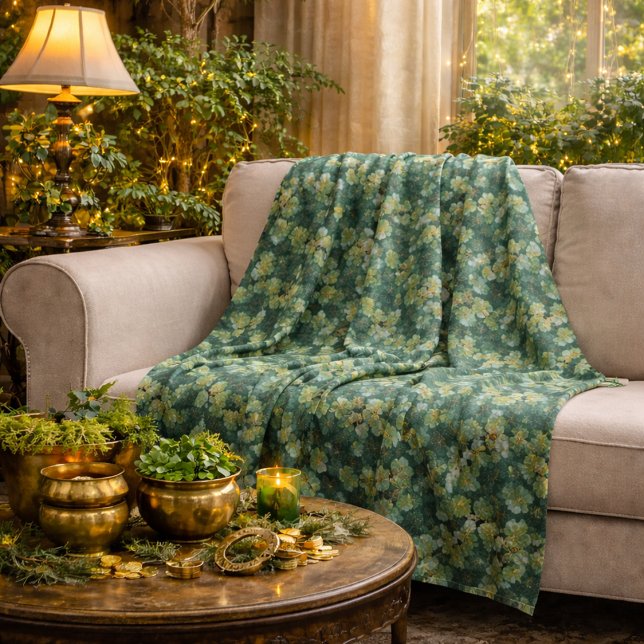 Emerald Green Clover Floral Pattern  Fleece Blanket (Creator Uploaded)