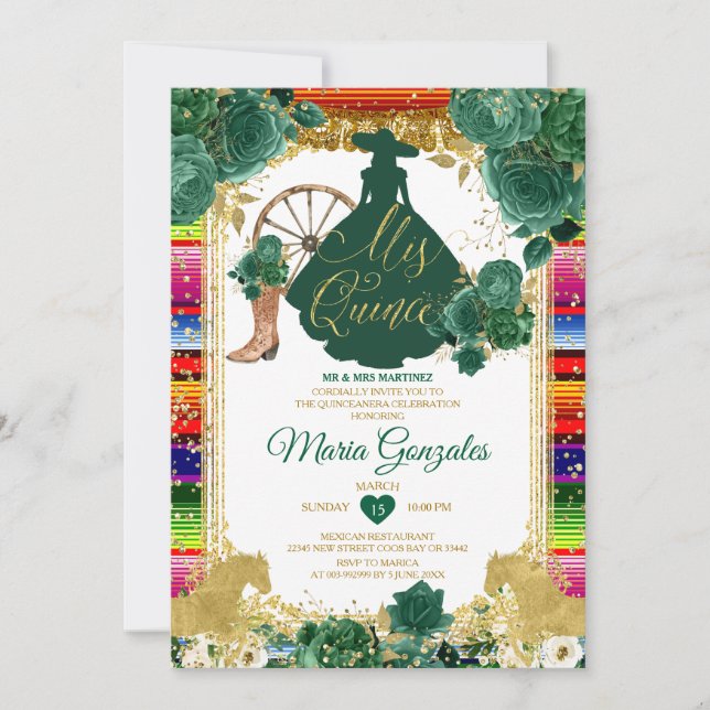 Emerald Green Colourful Mis Quince 15 Anos Glitter Invitation (Front)
